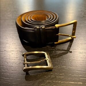 Men's Black Leather Belt with Gold and Silver Buckle